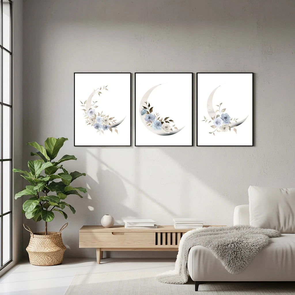 Plant Flower Wall Art, Nordic Moon Canvas Painting, Minimalist Aesthetic Poster Print for Living Room Bedroom Wall Decor Peaceful Pleasures Health and Wellness