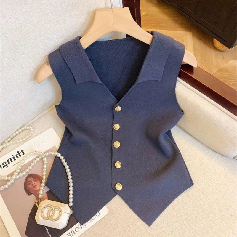 Women's V-Neck Gold Buckle Knitted Sleeveless Vest | Summer Top