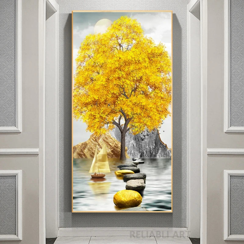 Abstract Luxury Flowers Canvas Painting, Golden Rich Tree, Wall Art Posters Money Tree Prints, Living Room, Porch, Home Decor Peaceful Pleasures Health and Wellness fj5 4 50x100cm