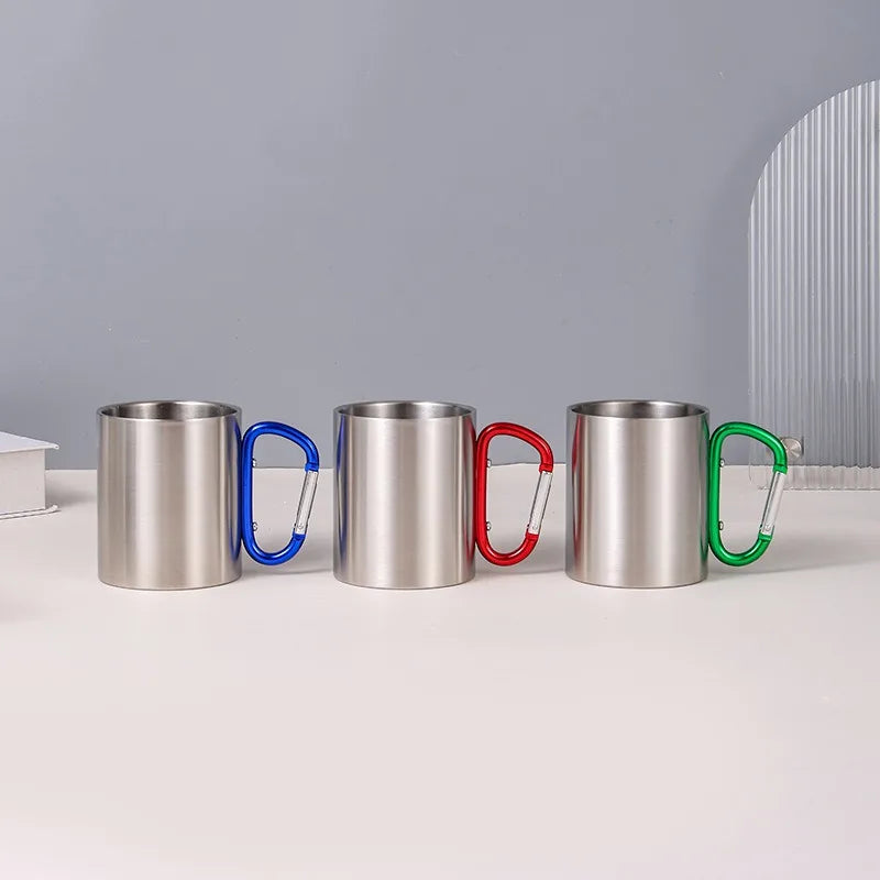 Hot 300ml Camping Travel 201 Stainless Steel Cup Carabiner Hook Handle Picnic Water Mug Outdoor Travel Hike Cup Portable Mug Peaceful Pleasures Health and Wellness