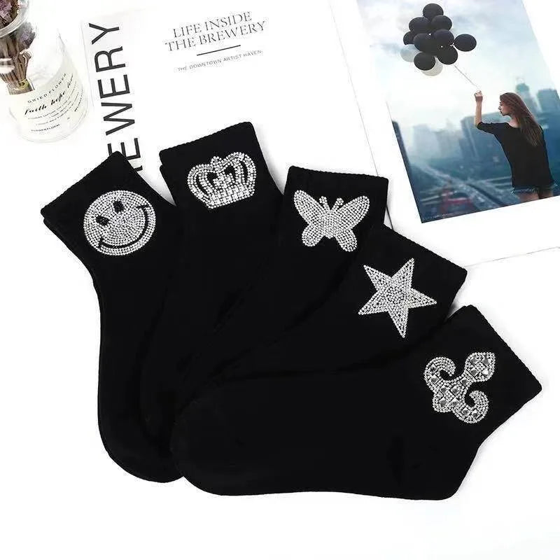 New Rhinestone Decorative Socks, Fashionable Diamond Sparkling Socks, Cute Cartoon Animal Pattern Comfortable Low Cut Socks Peaceful Pleasures Health and Wellness
