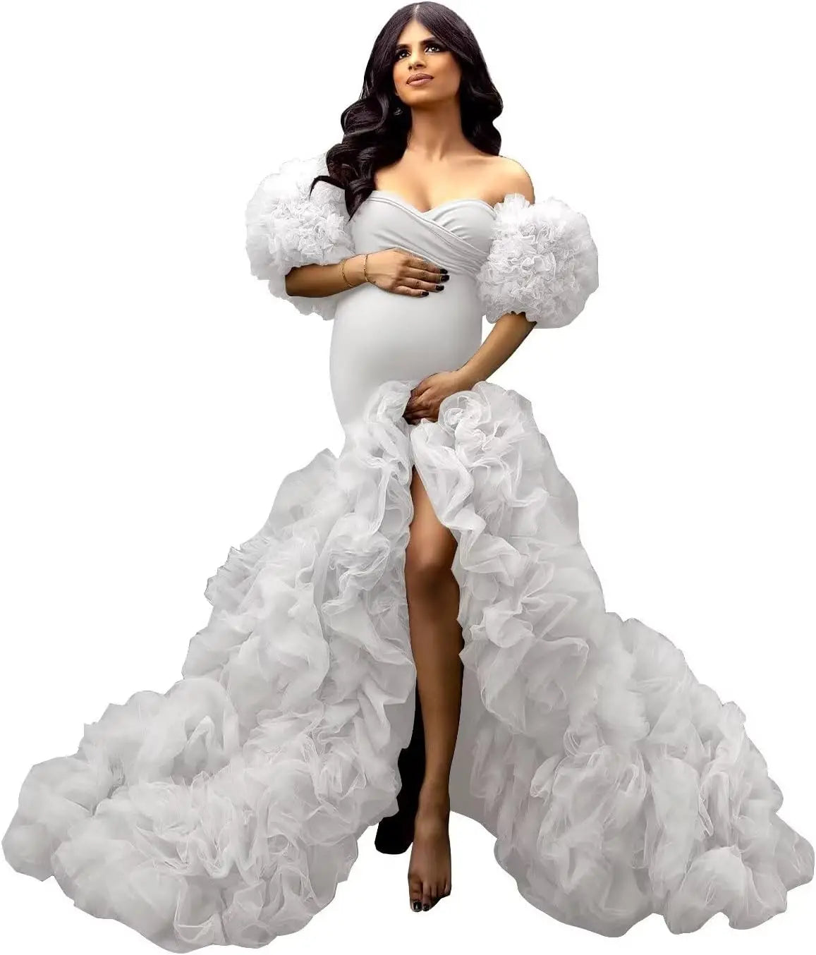 Soft Tulle Mermaid Maternity Gown - Off Shoulder Puffy Slit for Baby Shower & Pregnancy Photoshoot Dresses платье для беременных Peaceful Pleasures Health and Wellness White US 4