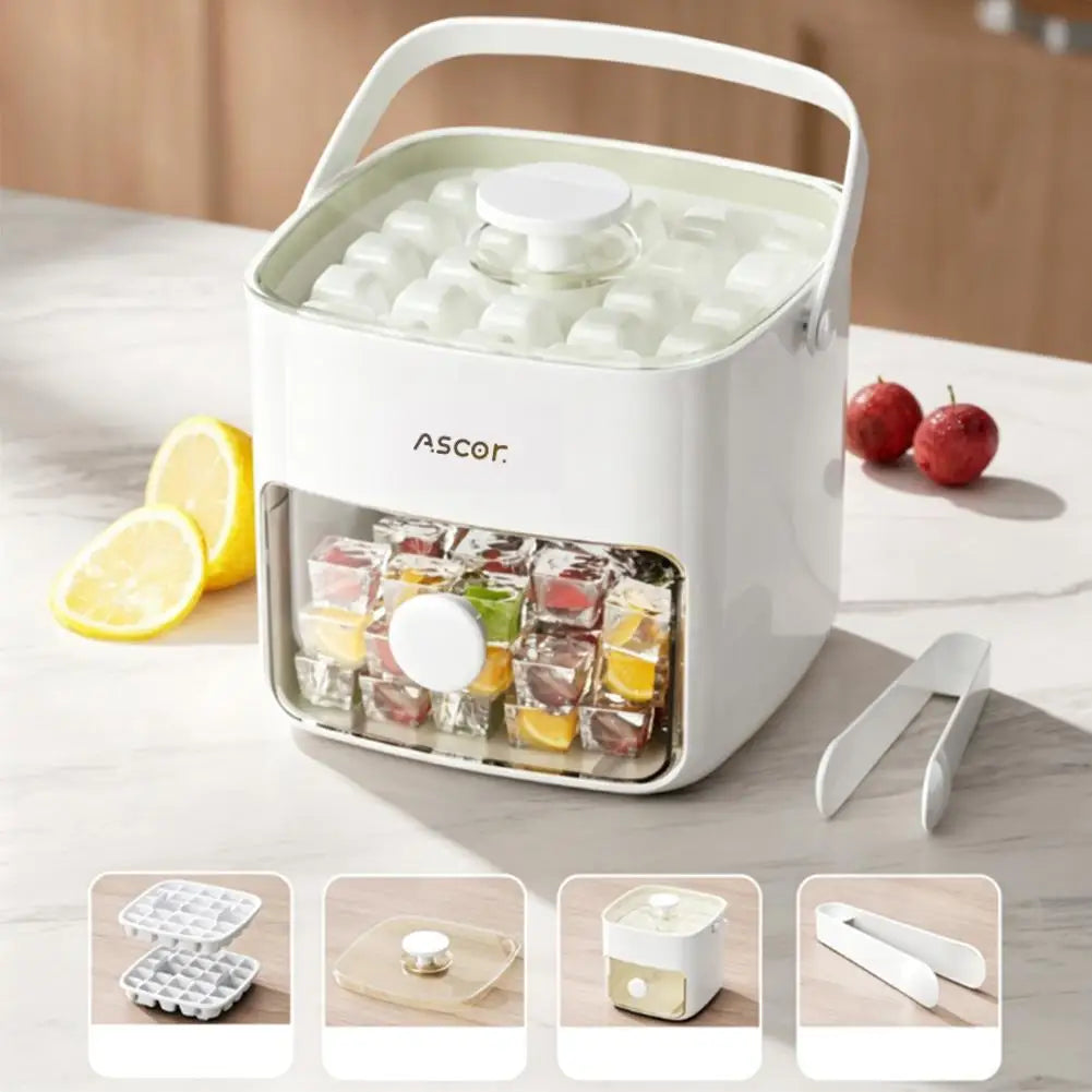 Double Layer Square Ice Cube Tray Set with Storage Box & Tongs