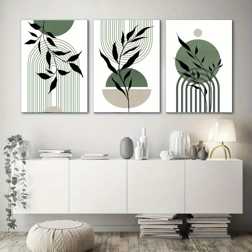 3-Piece Sage Green Boho Abstract Canvas Wall Art | Mid-Century