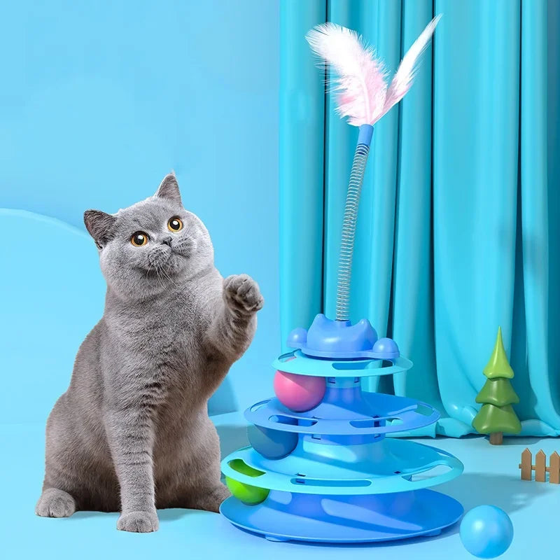 4-Layer Feather Cat Turntable – Interactive Toy Ball & Stick
