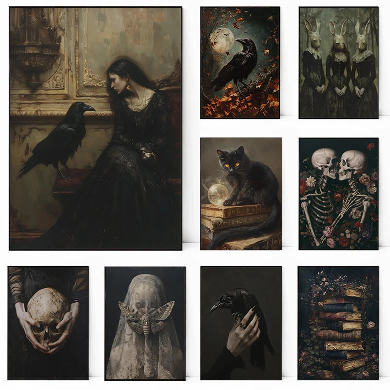Dark Moody Victorian Witch Canvas Wall Art | Raven Skull Print