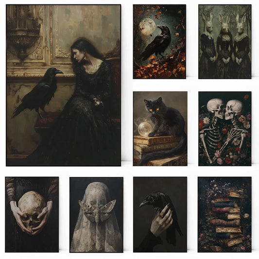 Dark Moody Victorian Witch Canvas Wall Art | Raven Skull Print Canvas Wall Art Peaceful Pleasures Health and Wellness