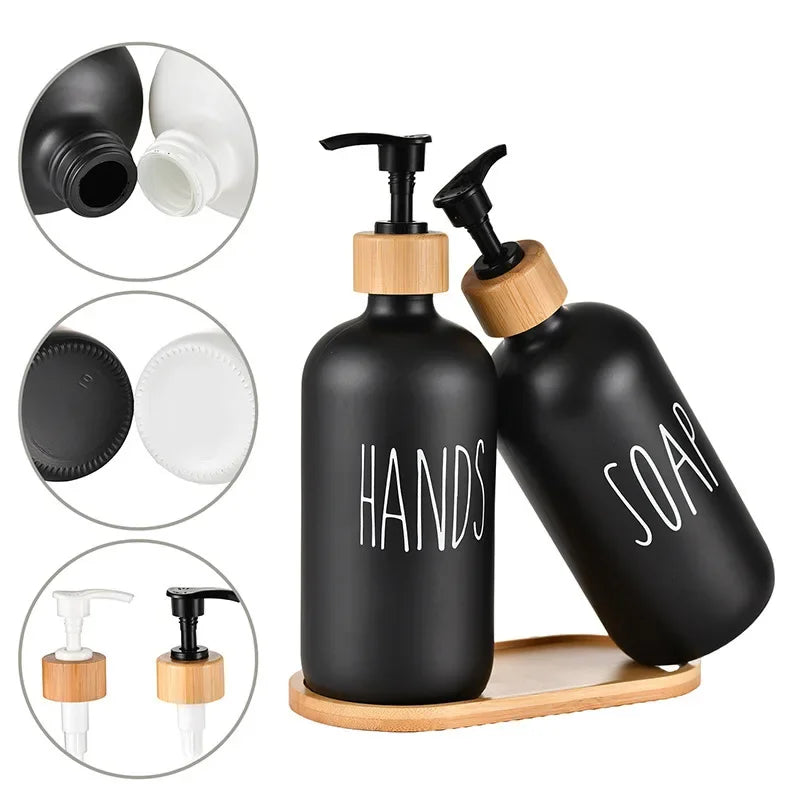 2Pcs 500ml High Quality Glass Soap Dispenser Pump Bottle Refillable Empty Hand Soap Lotion Subpackage Bottle with Wooden Cushion Peaceful Pleasures Health and Wellness