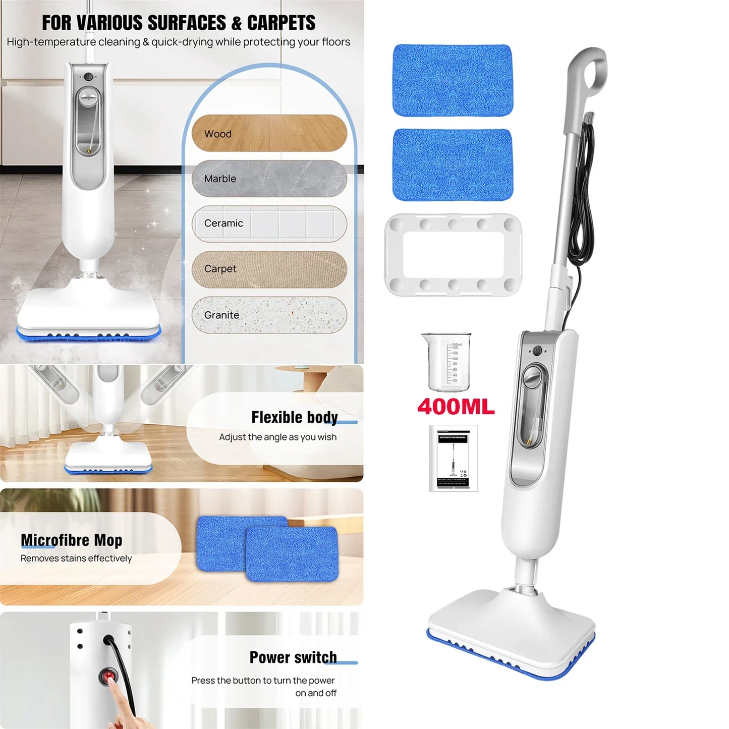 GUOHE 1500W Steam Mop & Detachable Cleaner | 400ml CE Certified
