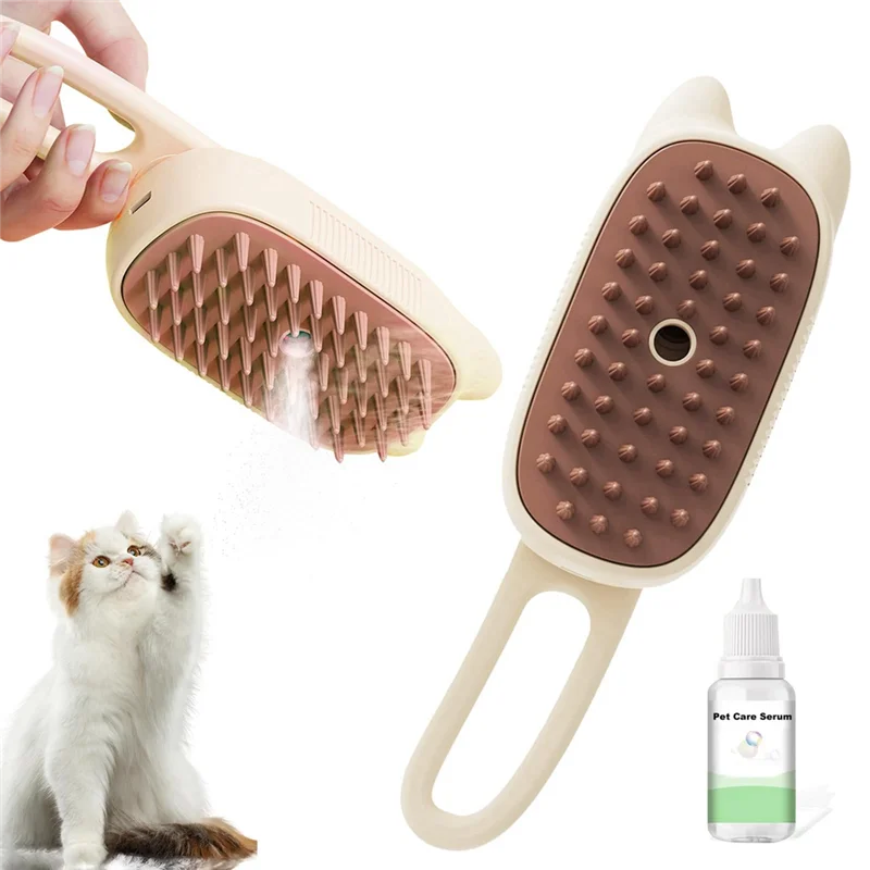 A36T-3-In-1 Multifunctional Pet Steam Brush Cat Steam Brush Suitable For All Pets Advanced Atomization Technology Peaceful Pleasures Health and Wellness Beige