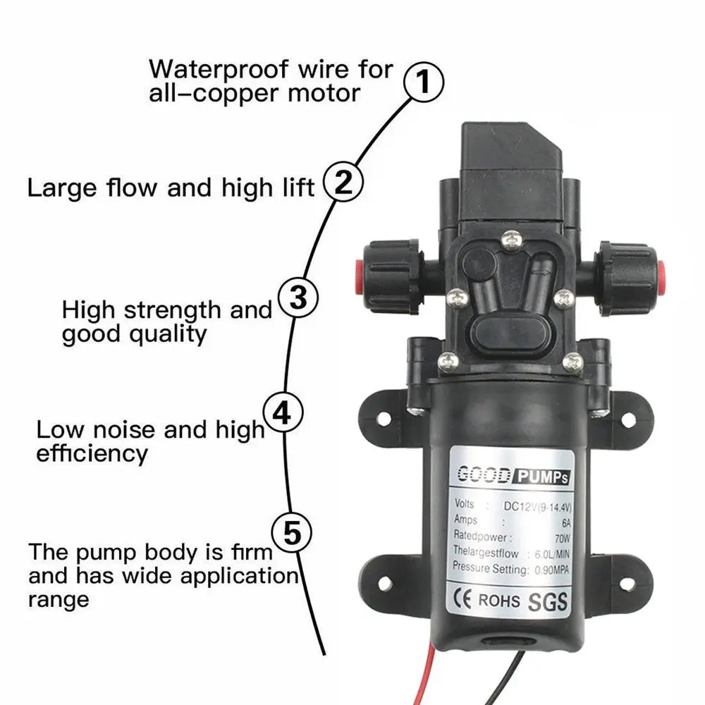 70W 130PSI Diaphragm Self-Priming Water Pump DC12V 6L/Min