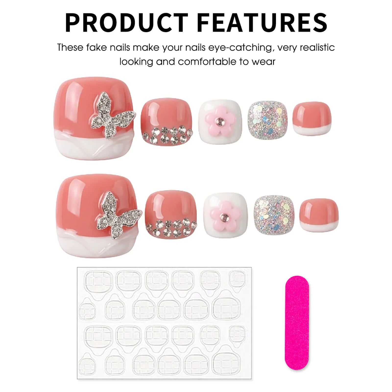 12pcs 3D Butterfly Nail Art Handmade Press On Toe Nails Translucent Pink With Rhinestone Classic White French Glitter False Nail Peaceful Pleasures Health and Wellness