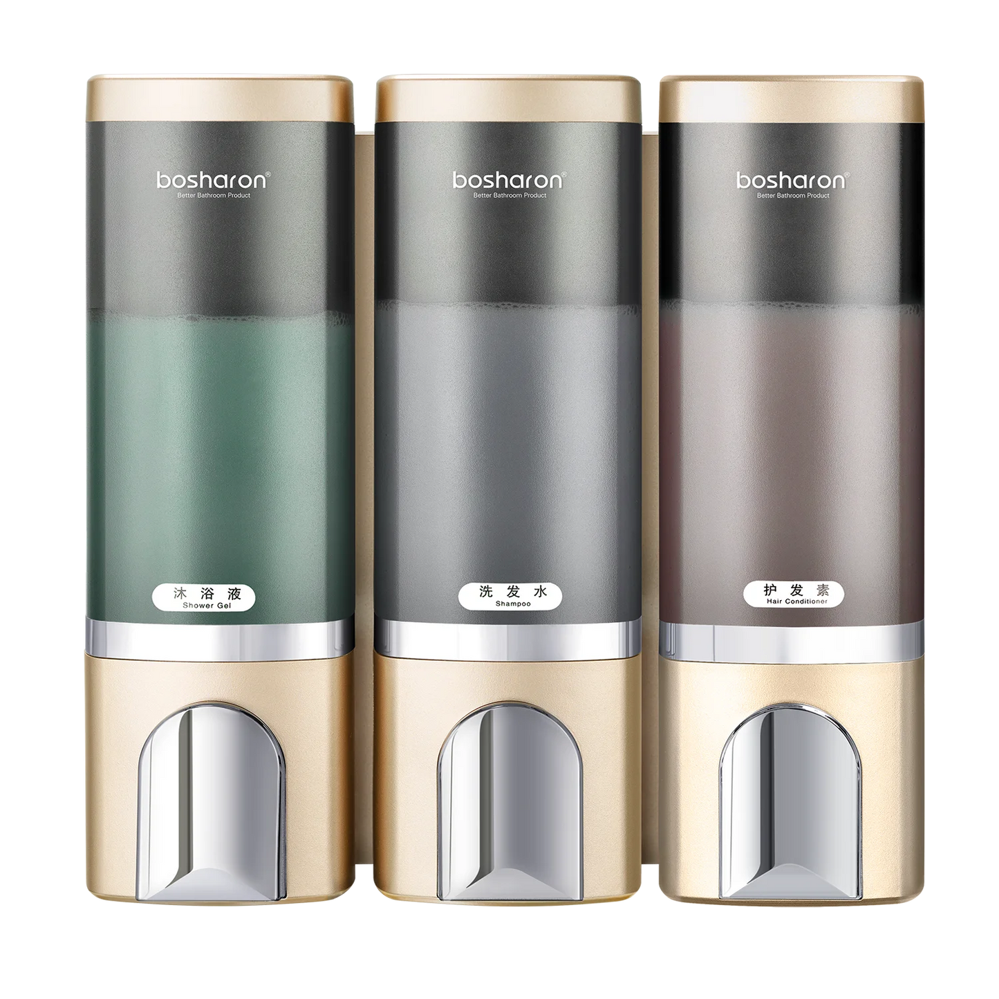 Wall Mounted Shower Soap Dispenser, Shampoo and Conditioner, 3 Chamber No Drill Peaceful Pleasures Health and Wellness Gold