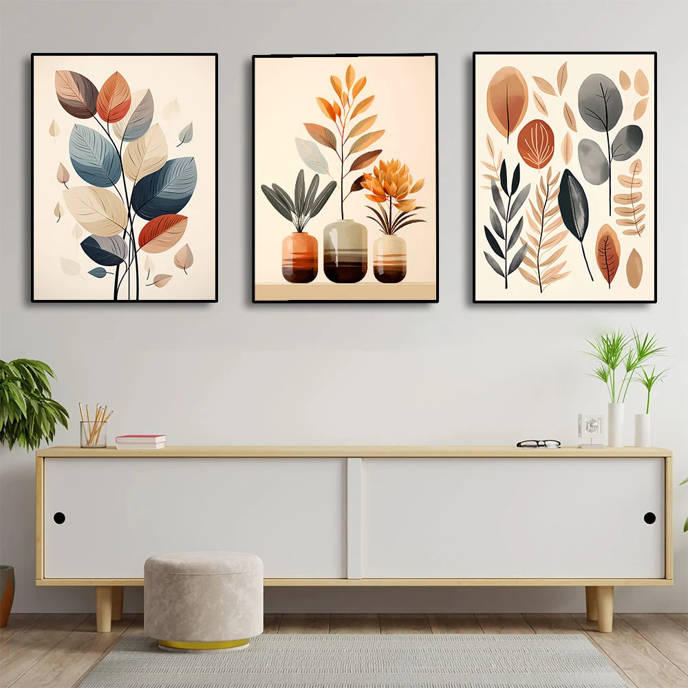 3 Sets of Retro Leaf Canvas Painting Wall Art Watercolor Vase Simple Abstract Poster and Printmaking for Living Room Decoration Peaceful Pleasures Health and Wellness