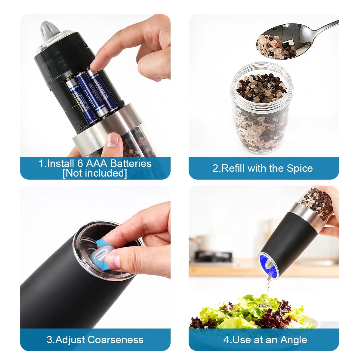 1/2pcs Gravity Electric Pepper and Salt Stainless Steel Grinder Set with Adjustable Coarseness Operated LED Light Peaceful Pleasures Health and Wellness