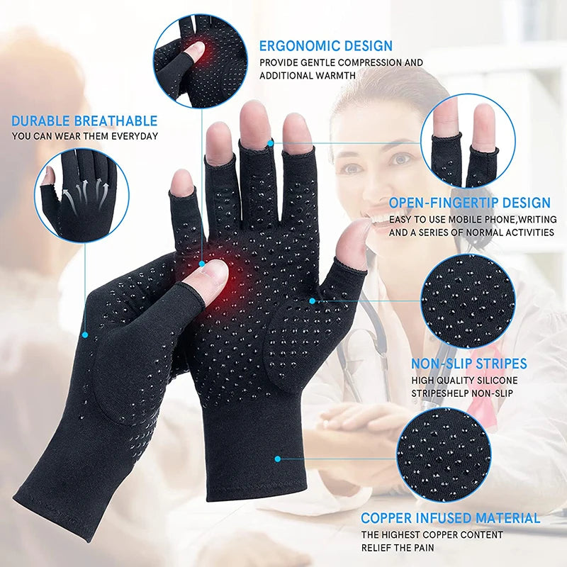2pcs Black Half Finger Compression Gloves for Osteoarthritis Arthritic Joint Pain Relief Gloves Healthcare Gloves for Men Women Peaceful Pleasures Health and Wellness