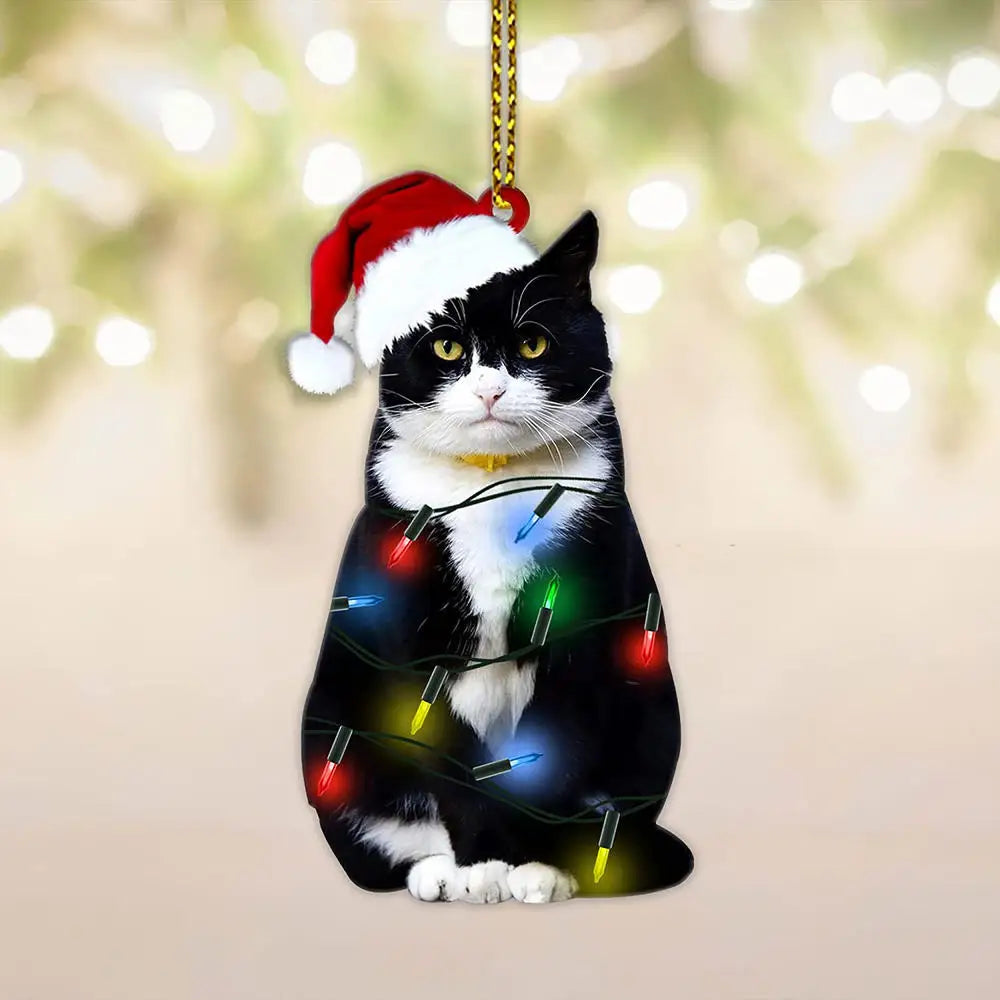 2D Acrylic Funny Cat Christmas Ornament | Santa Hat Pendant