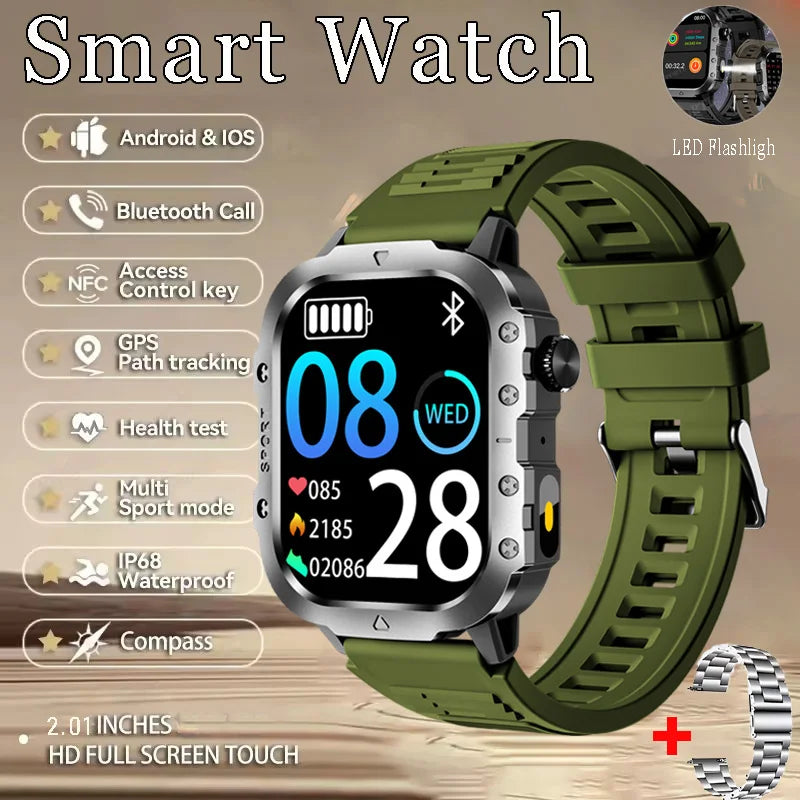 Military Smart Watch Men's Outdoor Sports Waterproof Watch 2.01" HD Touch Screen Voice Bluetooth Call GPS Tracking Smartwatch Peaceful Pleasures Health and Wellness Gr22WhSzstrap