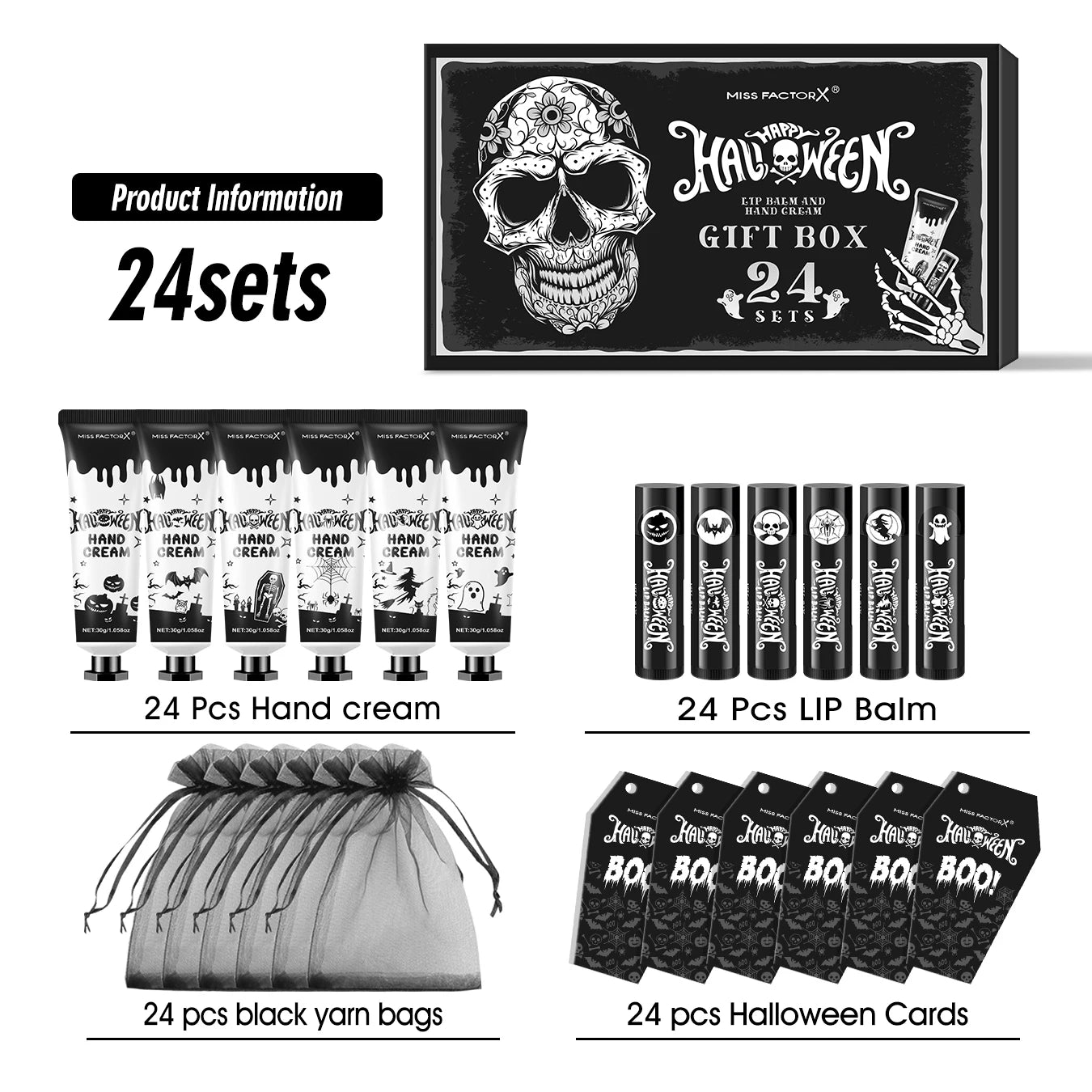 Halloween assembly gift 96PCS/box hand cream lipstick in bulk with BOO card and black gift bag Peaceful Pleasures Health and Wellness 24 sets gift