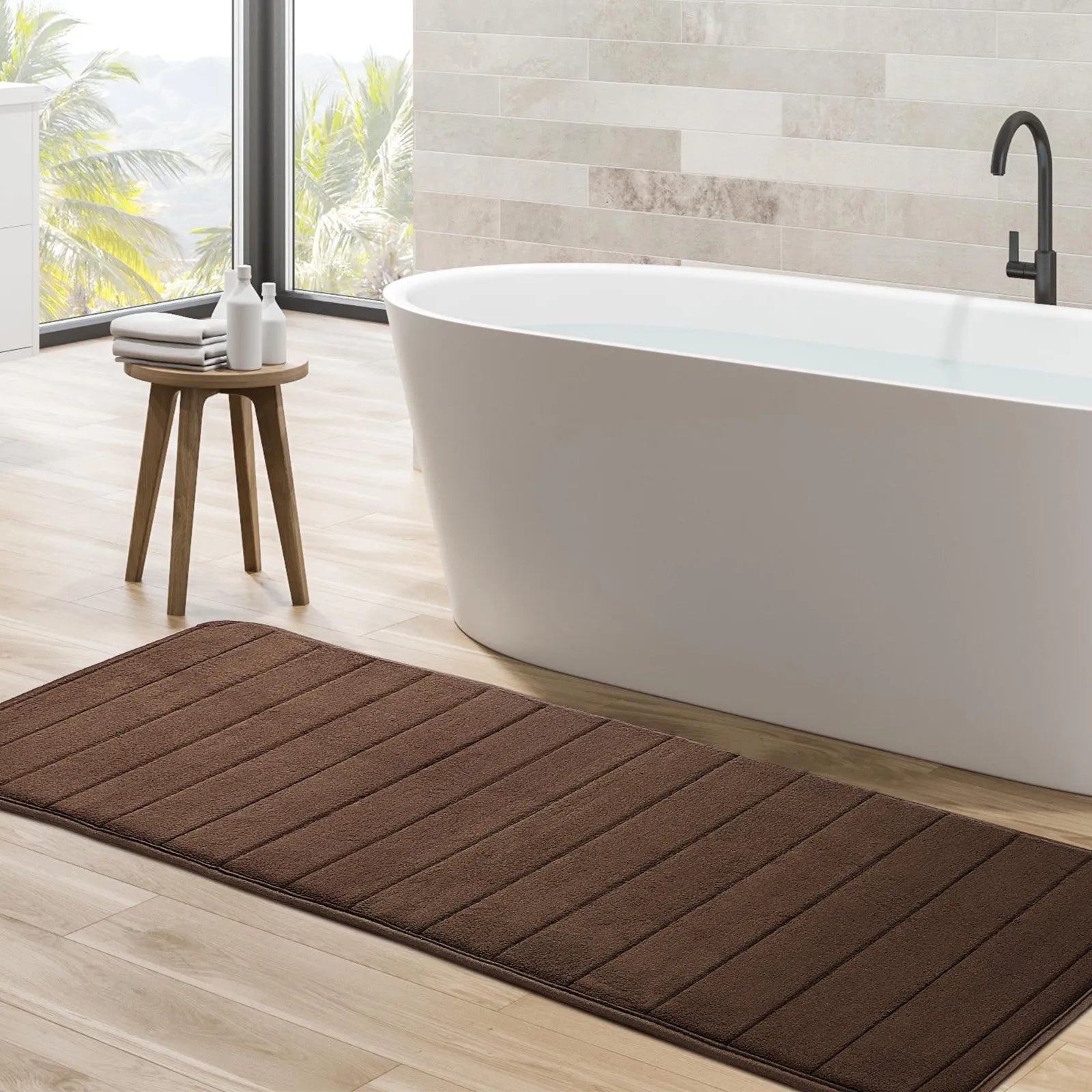 Long Oversized Bathroom Rug Memory Foam Bath Mat in Brown Textured Stripes Extra Long Non-Slip Absorbent Runner for Shower Peaceful Pleasures Health and Wellness