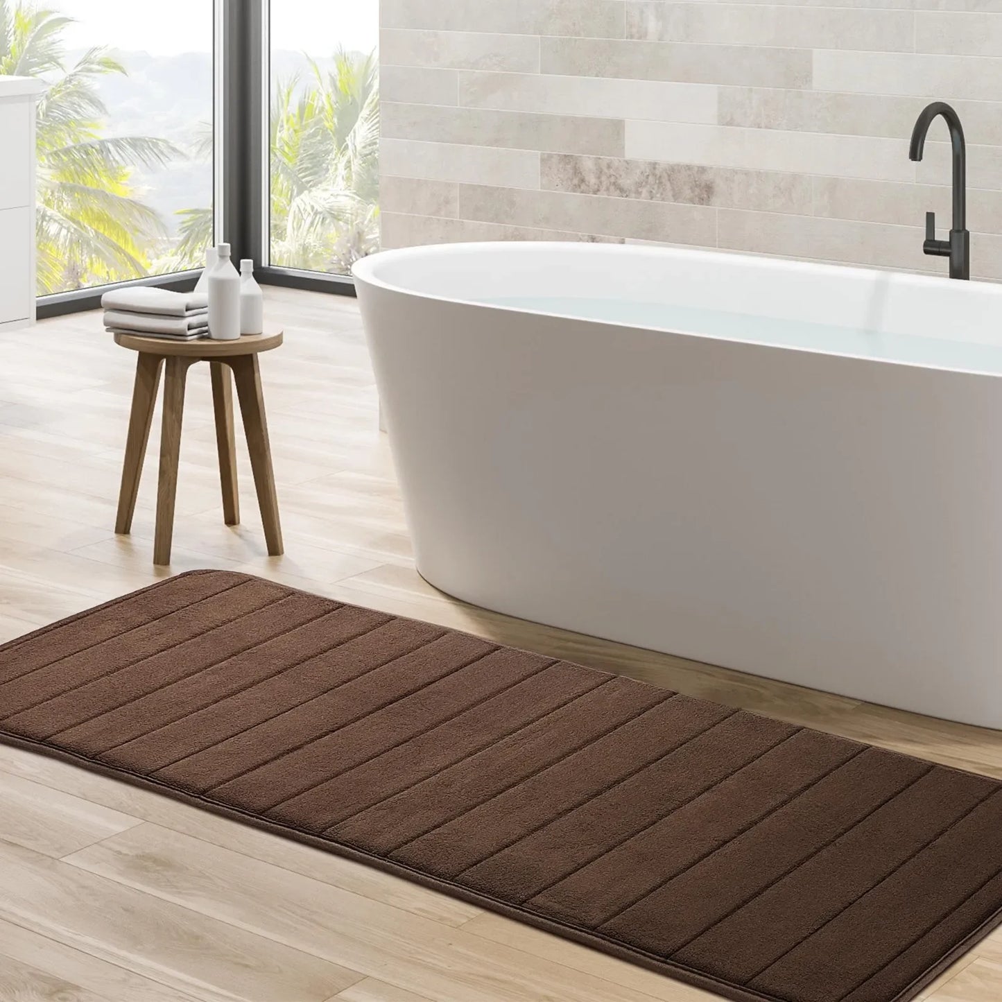 Memory Foam Bath Runner Rug – Non-Slip, Absorbent, Brown Stripes