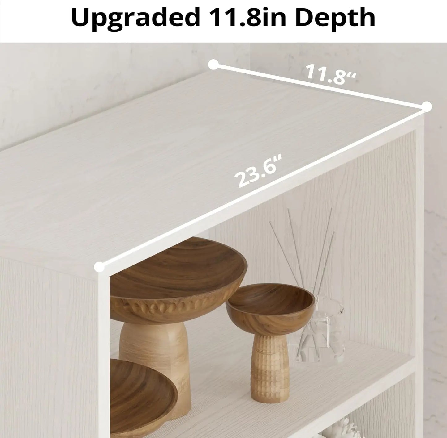 Wooden stools on a shelf with measurements indicating an upgraded 11.8-inch depth.