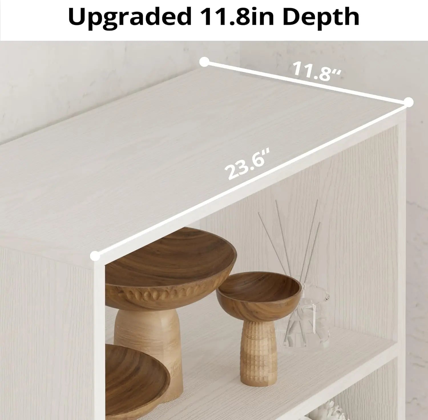 Wooden stools on a shelf with measurements indicating an upgraded 11.8-inch depth.