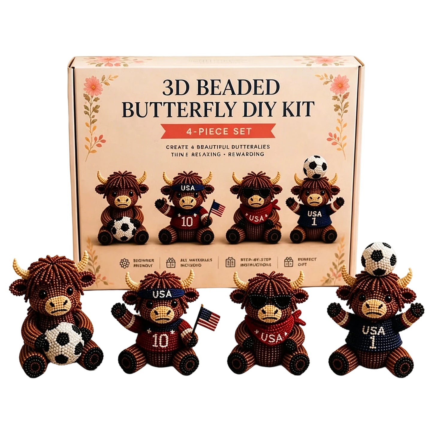 3D DIY Beaded Animal DIY Kit 4PCS Cute Highland Cow Beading Craft Set Animal Beading Kit Gift for Beginners & Craft Enthusiasts Peaceful Pleasures Health and Wellness A