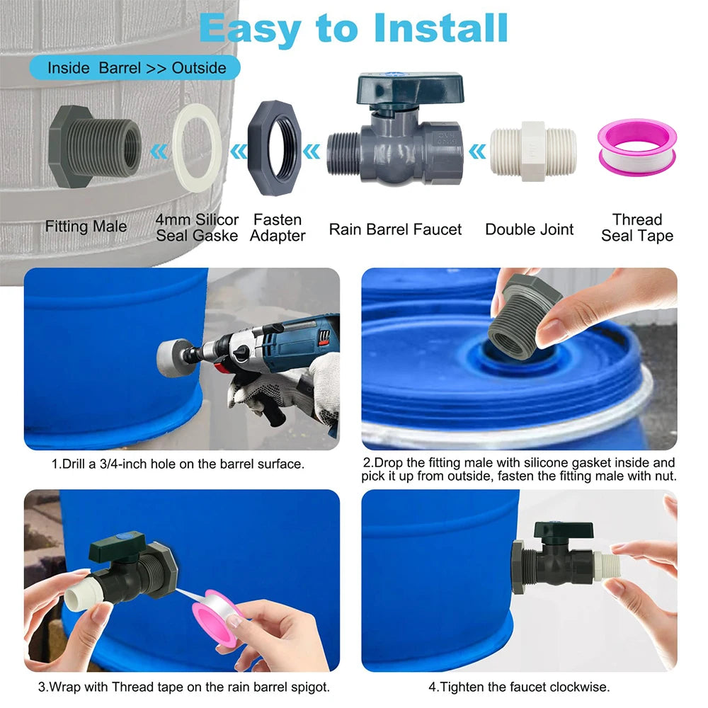 1 Set, PVC Water Barrel Spigot Kit, Connector Drain Adapter With Inner Connection For Garden, Rain Barre, Garden Tool Supplies Peaceful Pleasures Health and Wellness