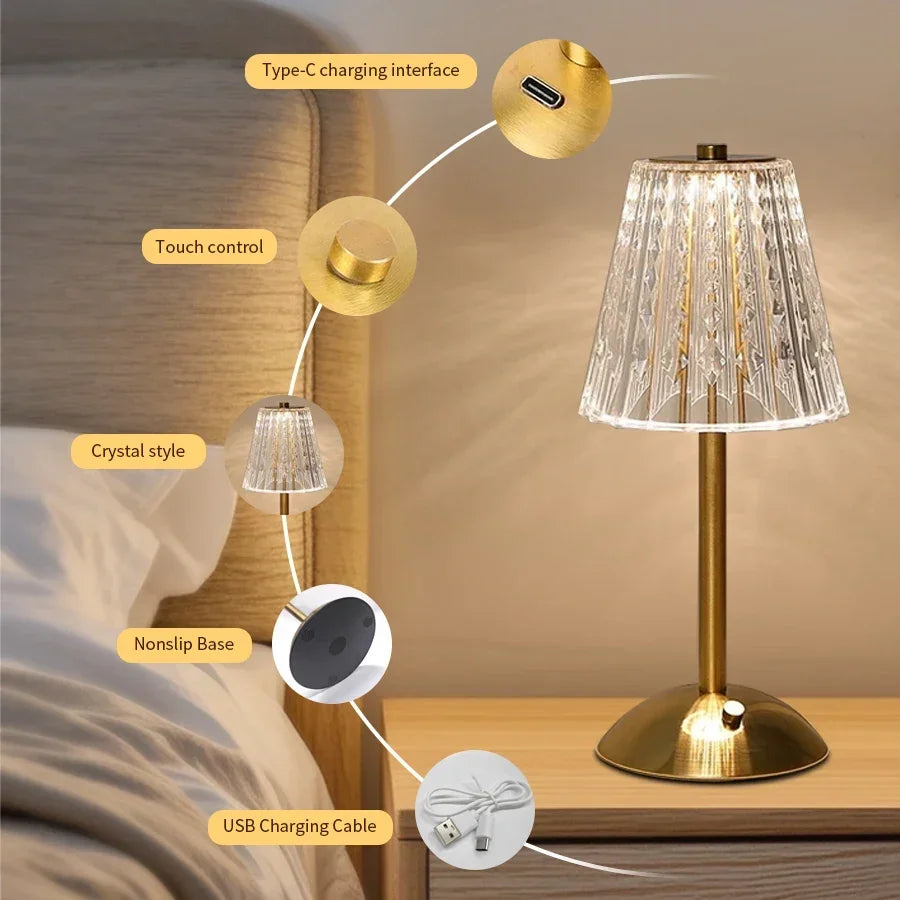 Rechargeable Crystal LED Table Lamp – 3-Color Dimmable Touch