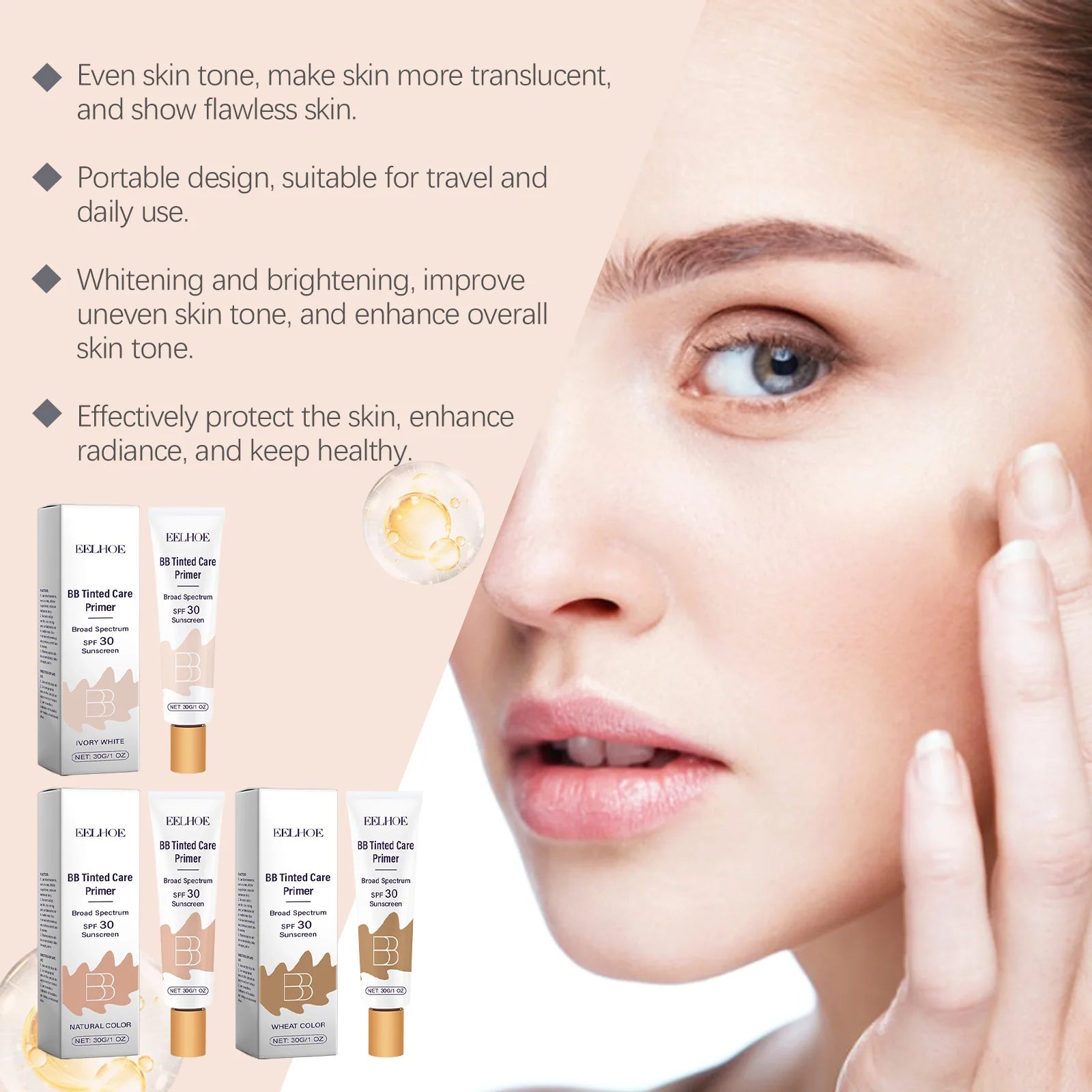 BB Tinted Care Primer Effectively Preventing UV Damage Improve Skin Texture Elasticity Long-Lasting Coverage Moisturizing Cream Peaceful Pleasures Health and Wellness