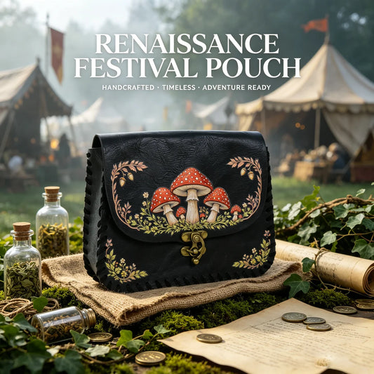 Vintage Mushroom Floral Print Black Faux Leather Belt Pouch Medieval Peaceful Pleasures Health and Wellness