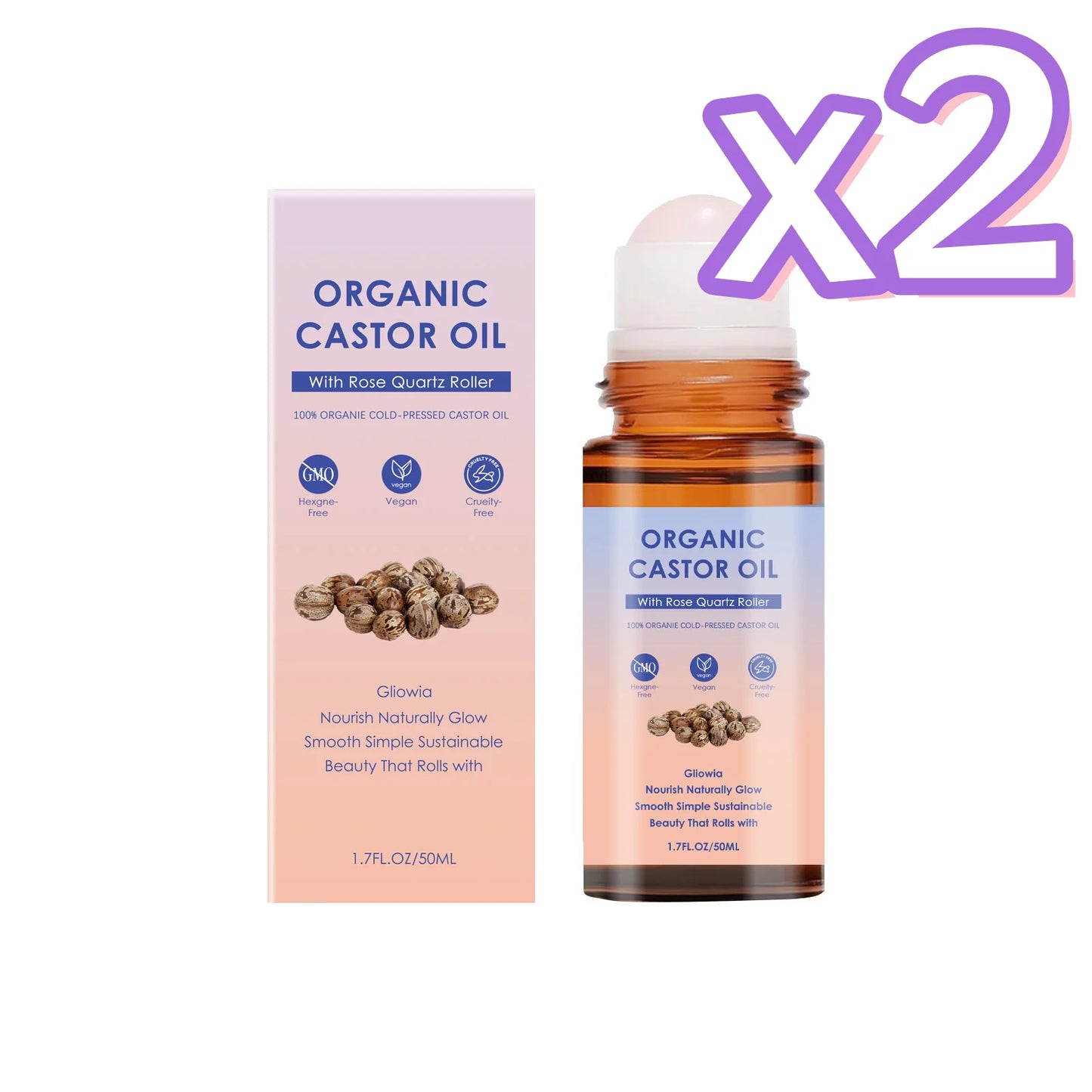 Organic Castor Oil Rose Quartz Roller Ball Moisturizing Skin Barrier Deep Repair Soothing Skin Cold-Pressed Natural Castor Oil Peaceful Pleasures Health and Wellness 50ml Boxed x 2pcs