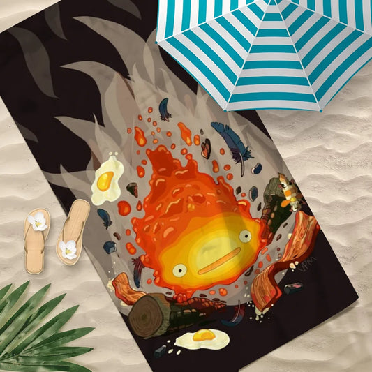 Calcifer Anime Flannel Beach Towel – Quick Dry & Soft | 11 Sizes Anime Beach Towel Peaceful Pleasures Health and Wellness