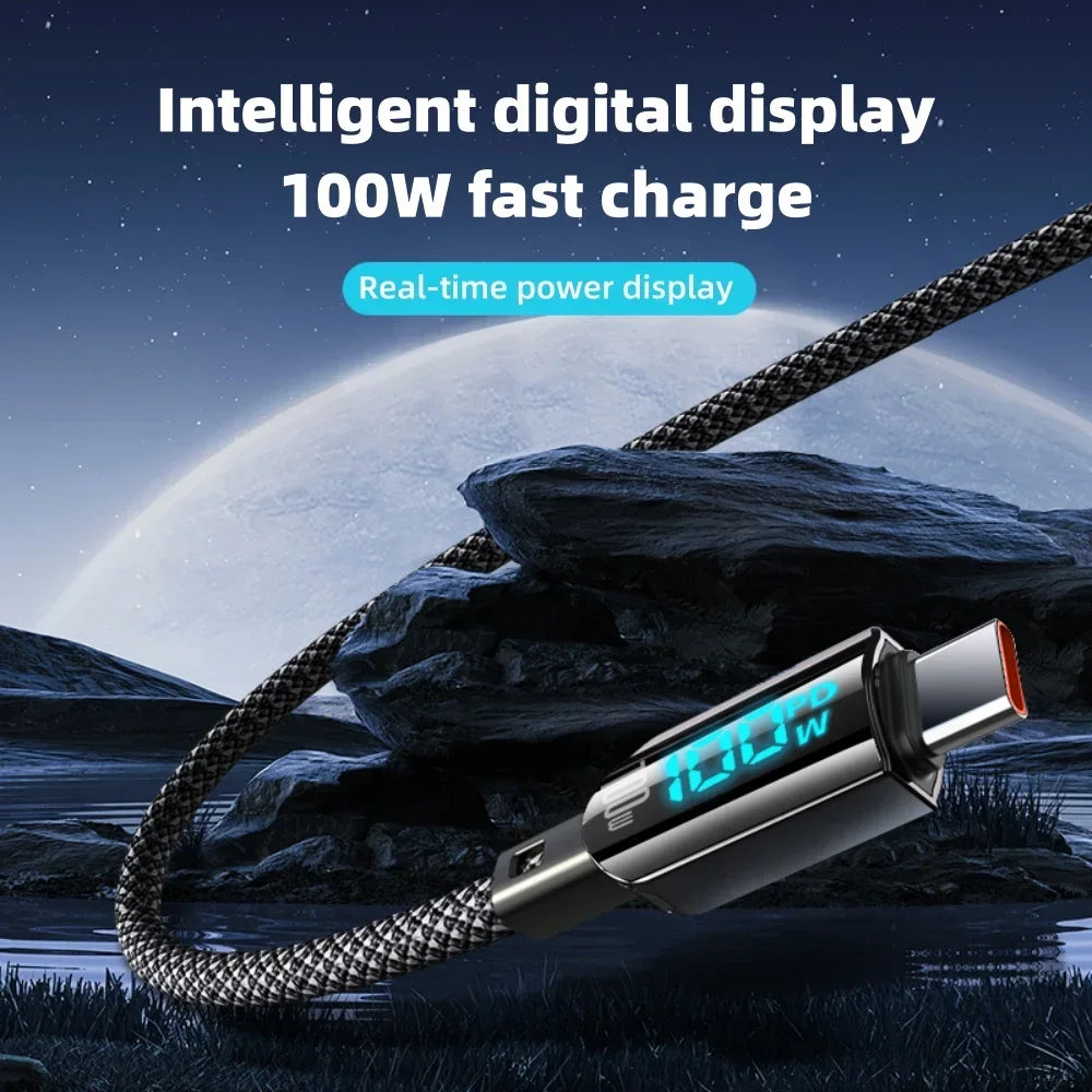 100W USB To Type C Fast Charging Cable LED Digital Display PD Fast Charge Braided Data Cord for iPhone 15 Huawei Xiaomi Peaceful Pleasures Health and Wellness