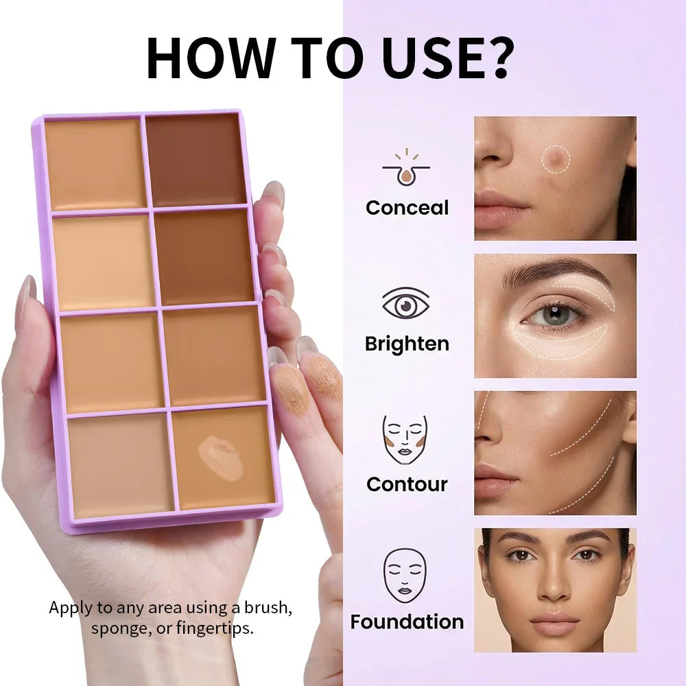 8-Shade Matte Cream Concealer Palette – Full Coverage, 12H Wear