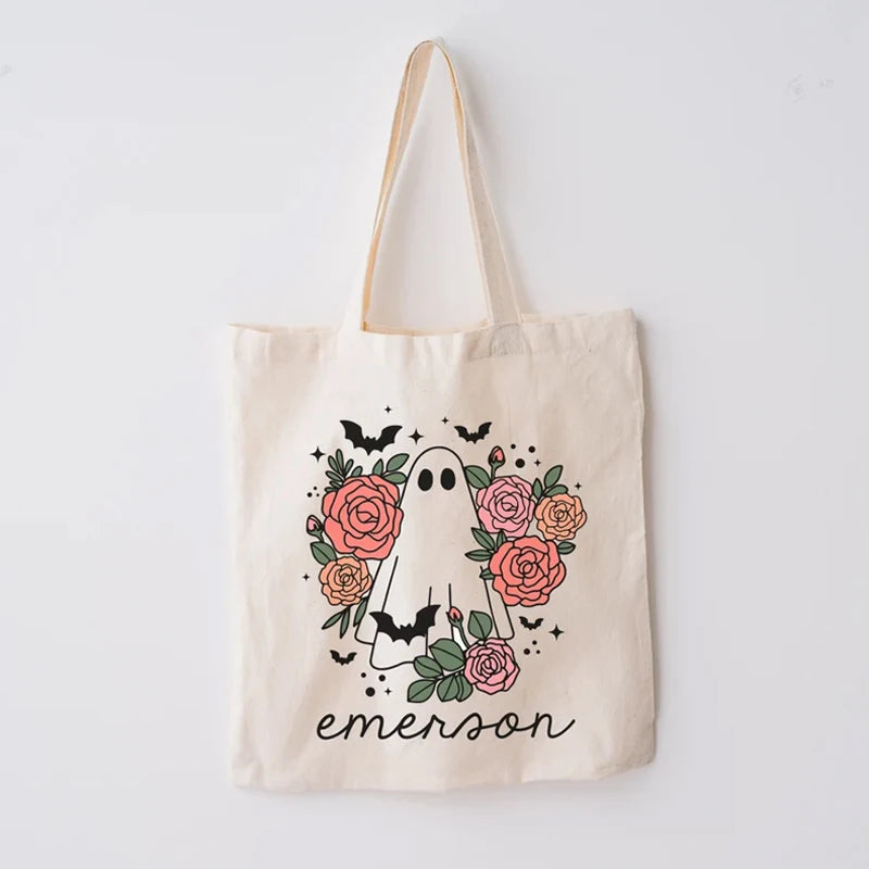 Personalized Ghost Flower Canvas Tote | Kids Halloween Candy Bag Personalized Tote Bag Peaceful Pleasures Health and Wellness