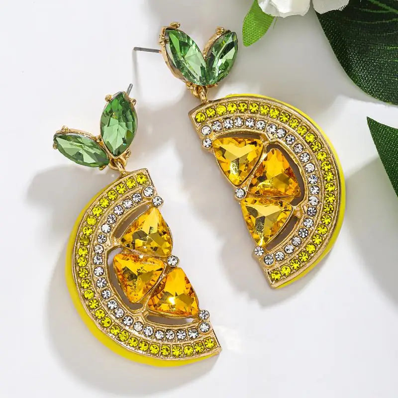 Rhinestone Lemon Dangle Earrings – Summer Beach Party Jewelry