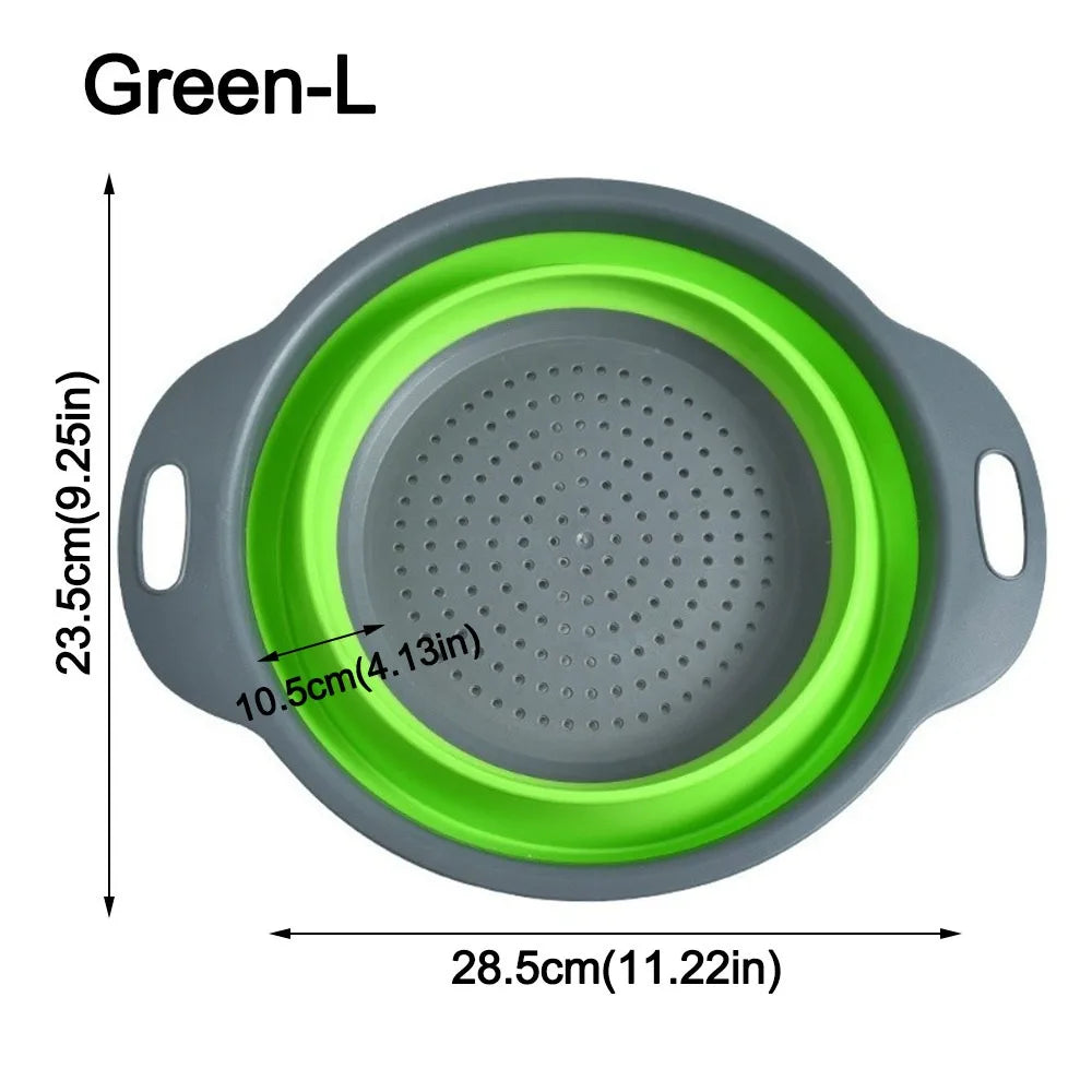 Silicone Folding Drainer Basket Drain Device Multifunctional Fruit Vegetable Washing Basket Food Grade Collapsible Colander Peaceful Pleasures Health and Wellness Green-L
