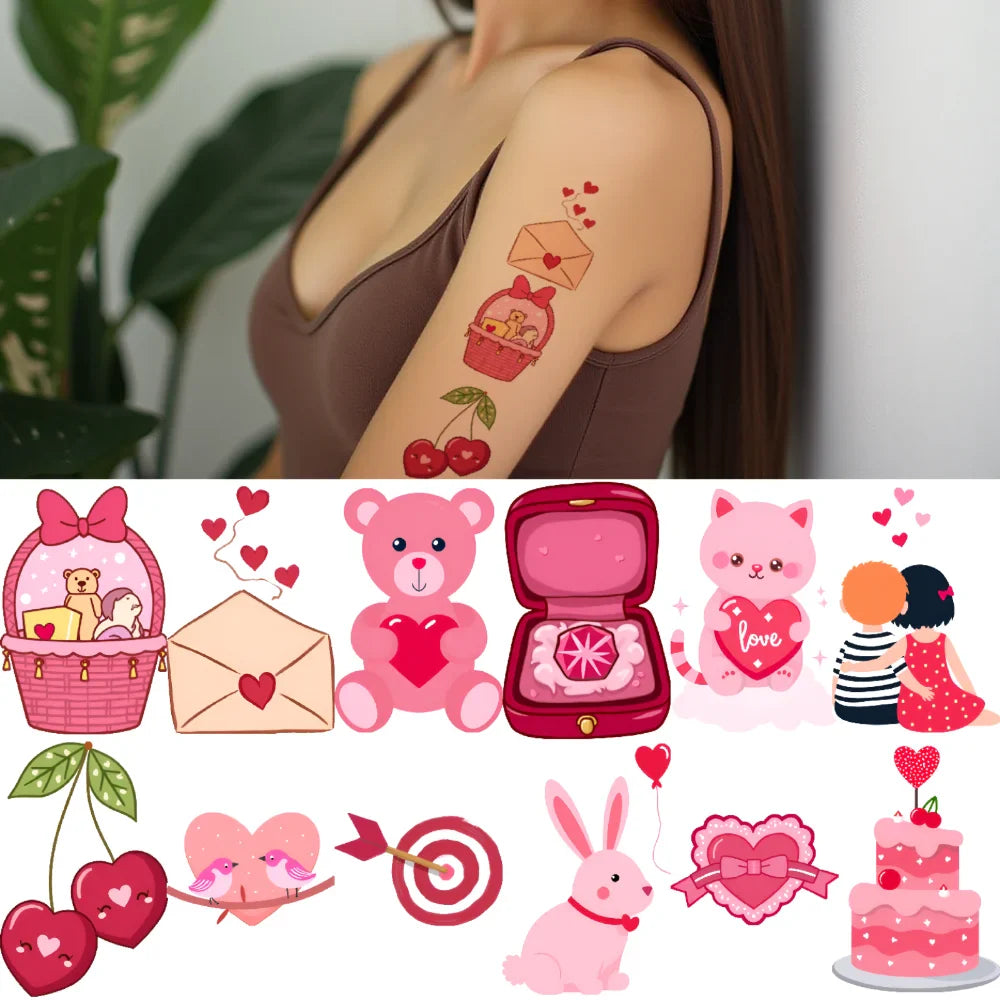 63pcs Waterproof Temporary Tattoo Stickers – Hearts, Bears & Balloons