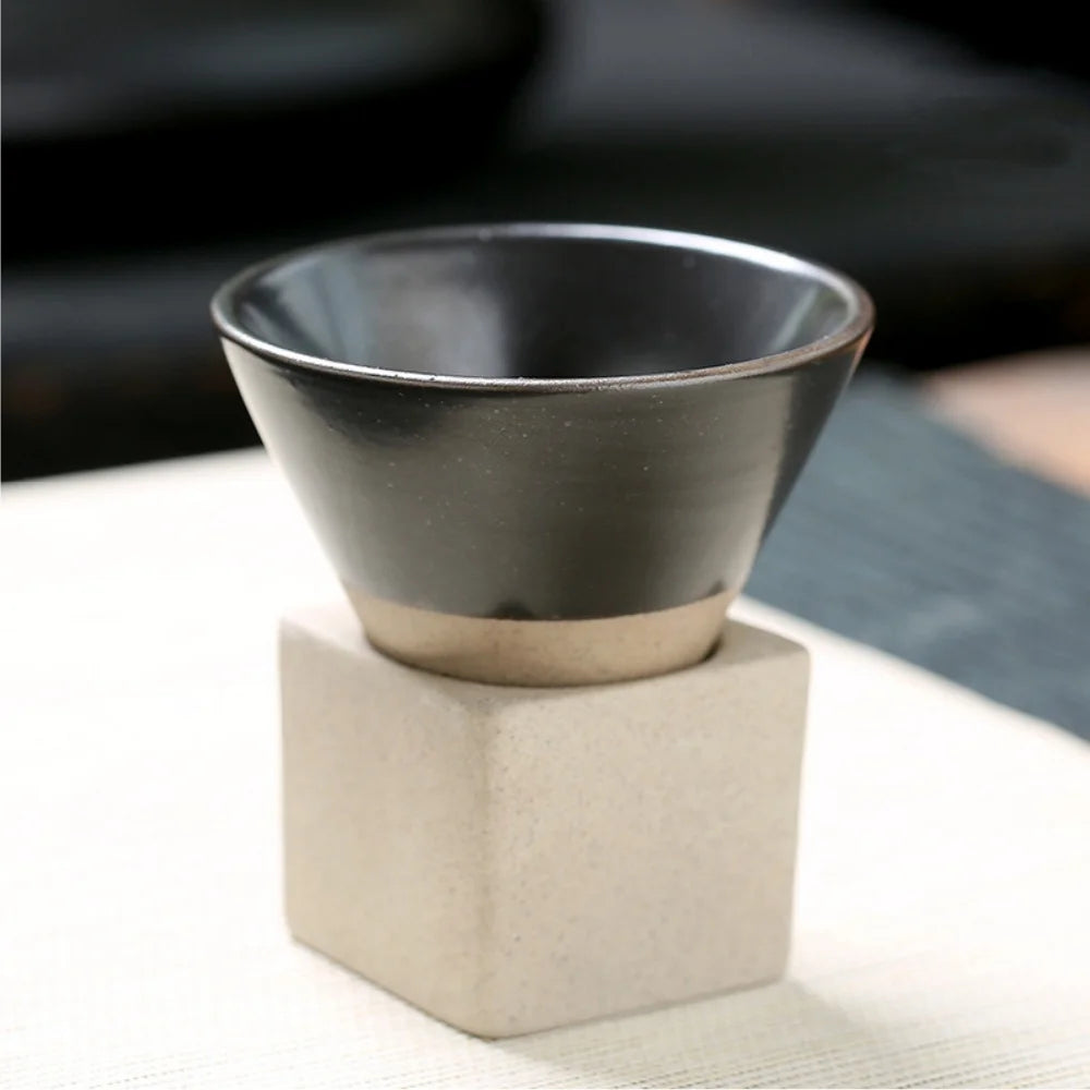 100ml Coarse Pottery Coffee Mugs, Japanese Style Ceramic Tea Cups Triangular Cone Shape Porcelain Retro Mug with Square Base Peaceful Pleasures Health and Wellness 100ml Black 100ml