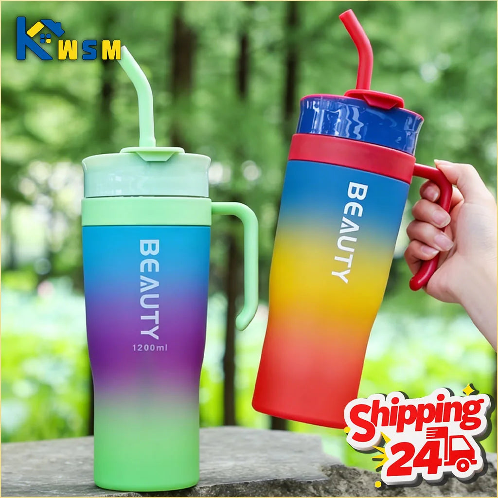 1200ml Gradient Frosted Sports Water Bottle – BPA Free & Straw