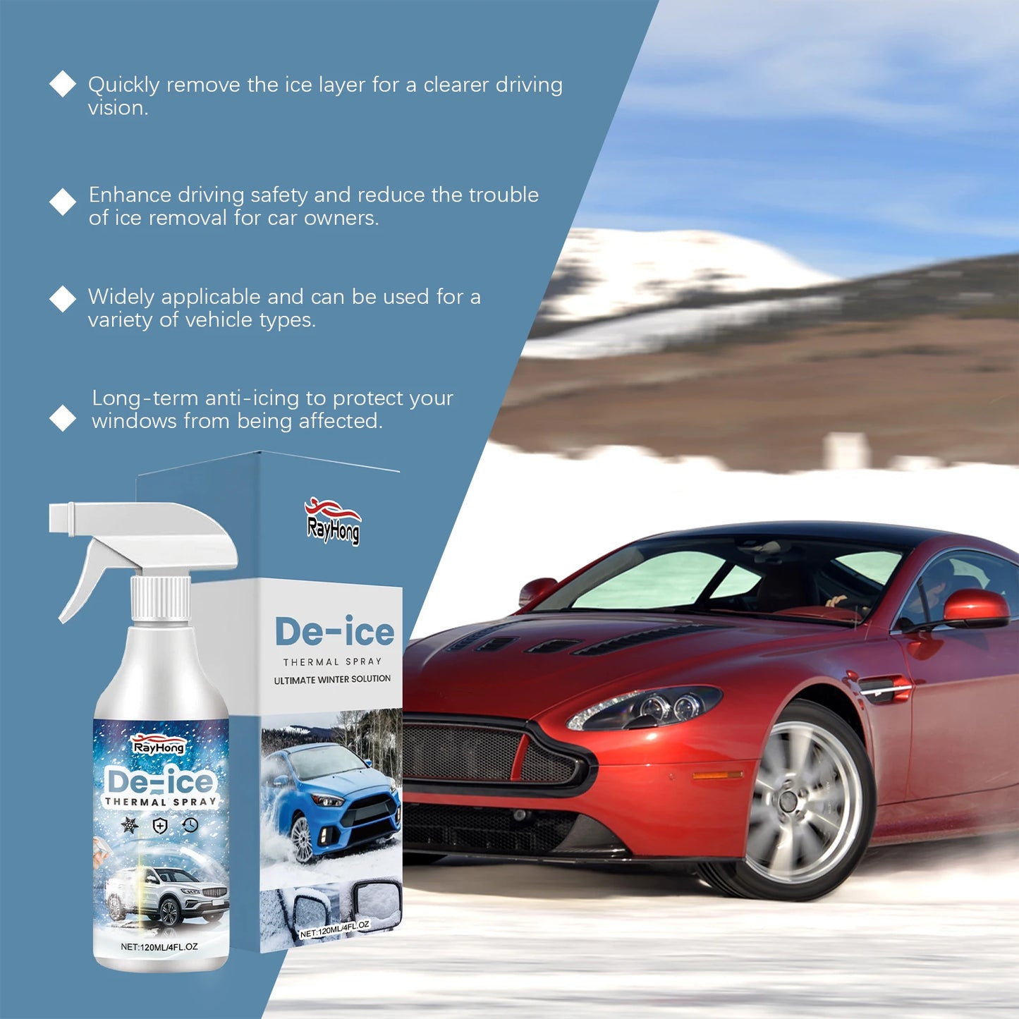 Rayhong 120ml Car De-Icer Spray | Fast Windshield Ice Melt