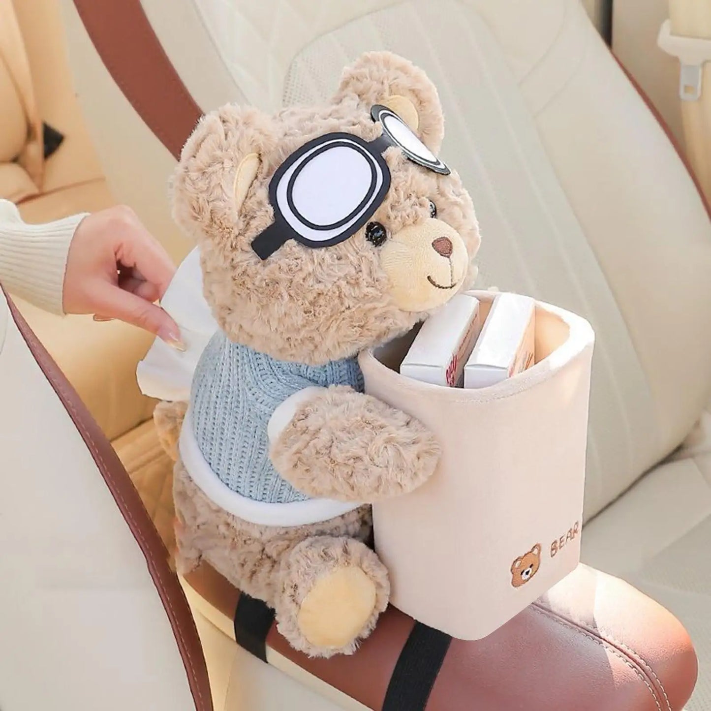 2-in-1 Plush Bear Car Tissue Holder & Armrest Trash Can