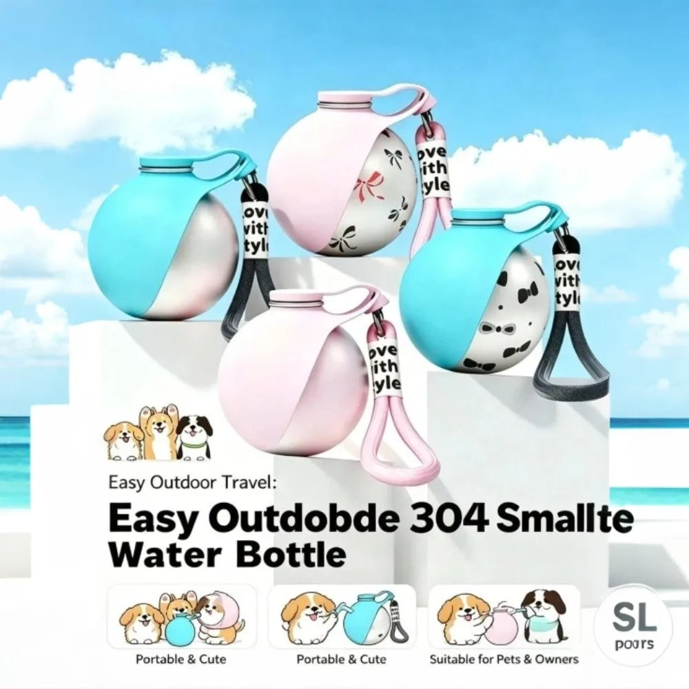 Brand Dogs Cats Outdoor Portable Water Cup 285ml 304 Stainless Steel Pet Feeder Dog Walking Integrated Folding Ball Water Bottle Peaceful Pleasures Health and Wellness