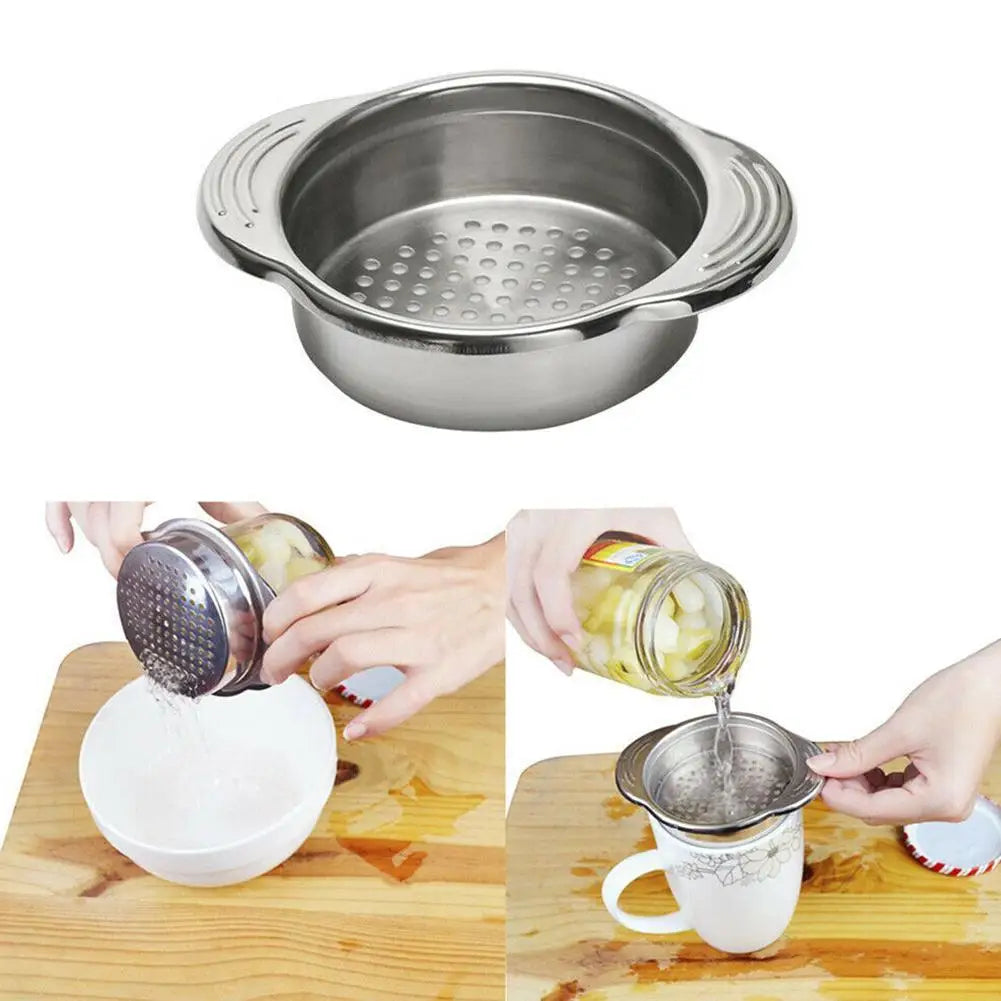 Stainless Steel Food Can Strainer Sieve Tuna Press Lids Oil Drainer Remover Vegetable And Fruit Can Strainer Kitchen Acceesories Peaceful Pleasures Health and Wellness