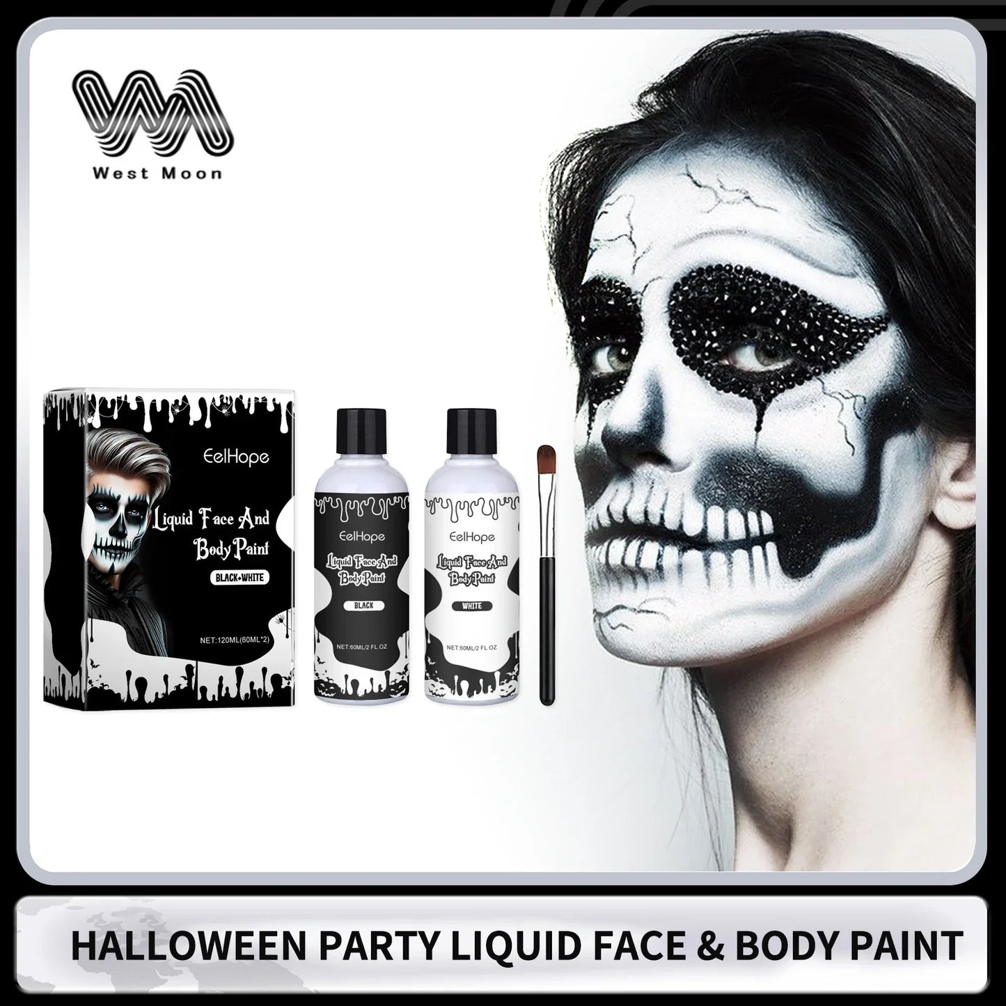 Halloween Liquid Face & Body Paint Black White 120ml | Eelhope