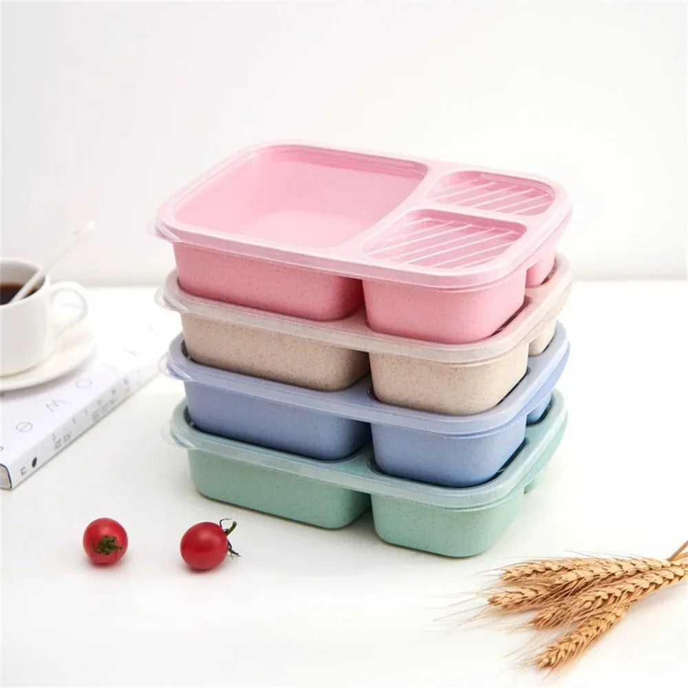 1/2pcs Bento Lunch Box Set 3 Compartment Food Storage Containers Wheat Straw Meal Prep Lunch Box Plastic Food Storage Containers Peaceful Pleasures Health and Wellness 4pcs