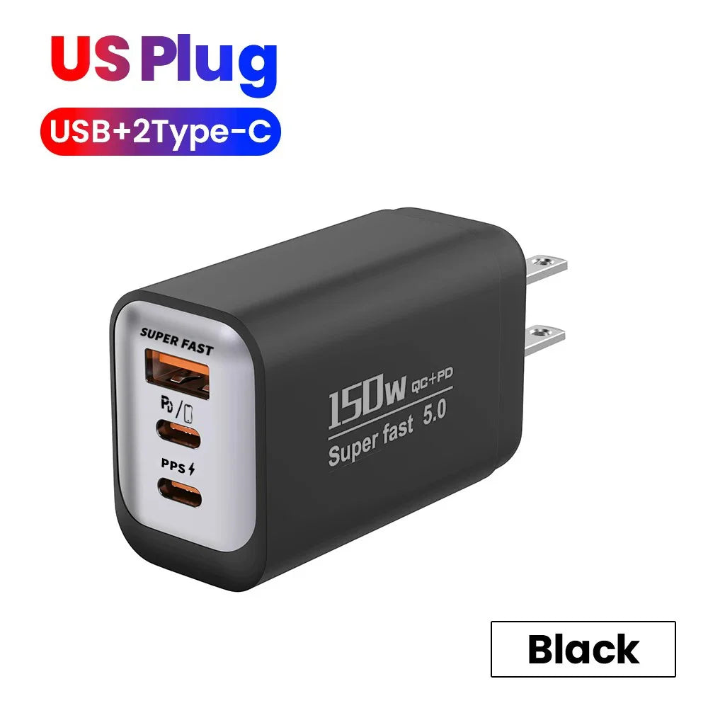150W USB-C 3-Port PD3.0 & QC3.0 Fast Charger – EU/US/UK