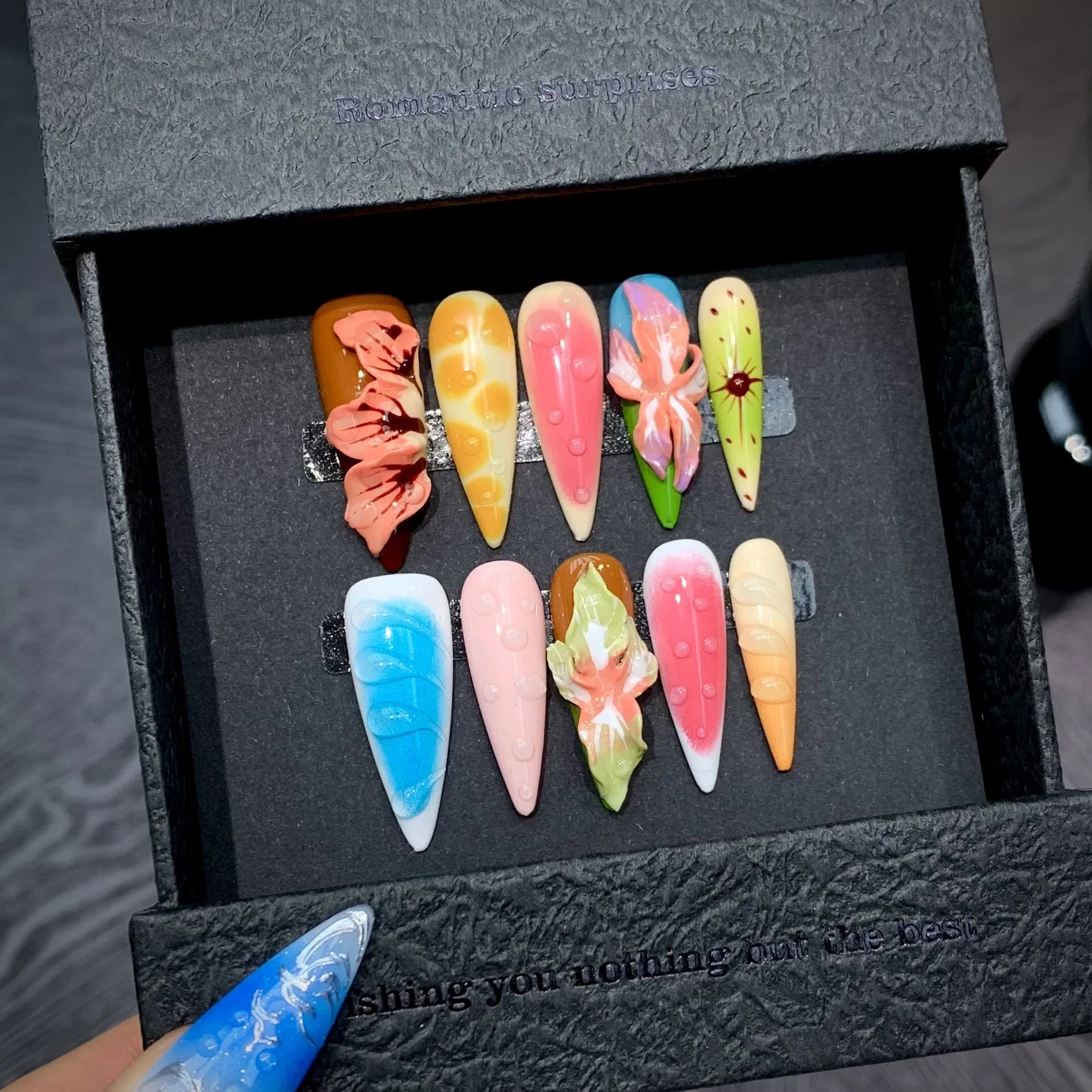 10pcs Handmade Press on Nails Summer 3D Tropical Flower Fake Nails Wearable Detachable Colorful Long Pointed False Nail Tips Peaceful Pleasures Health and Wellness